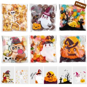 riceduo 200pcs halloween candy bags, self-adhesive clear cookie treat bags, cellophane plastic gift bags for halloween party supplies, homemade crafts, and snack gift packing (6 styles)