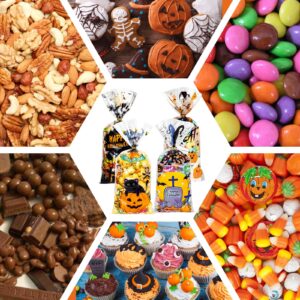 RICEDUO Halloween Cellophane Treat Bags, Halloween Trick or Treat Goody Gags 100pcs with Twists for Snacks Cookies Packing, Goodie Bags Halloween Party Supplies