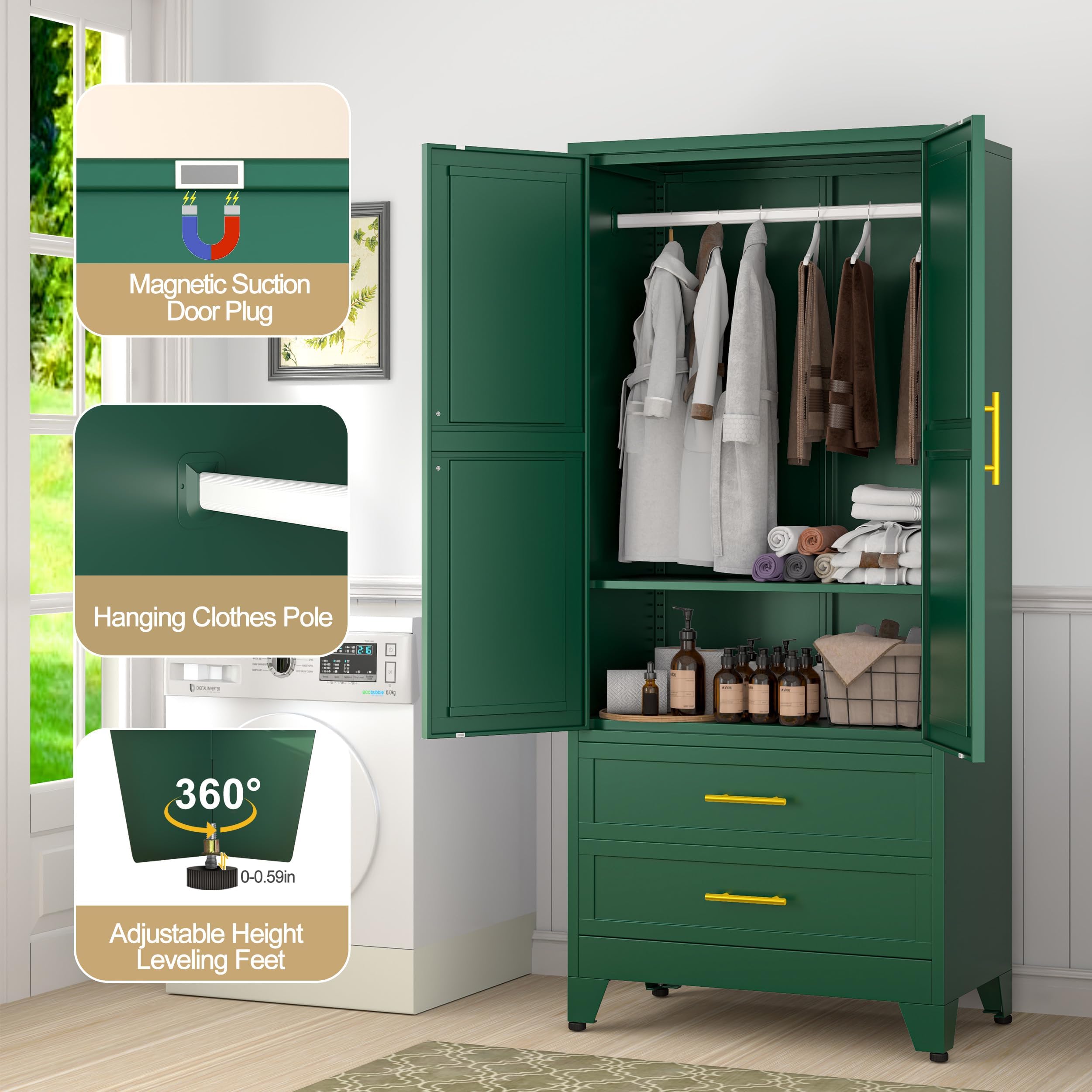 71" Metal Armoire Wardrobe Closet, Metal Wardrobe Cabinet with Hanging Rod (Green)