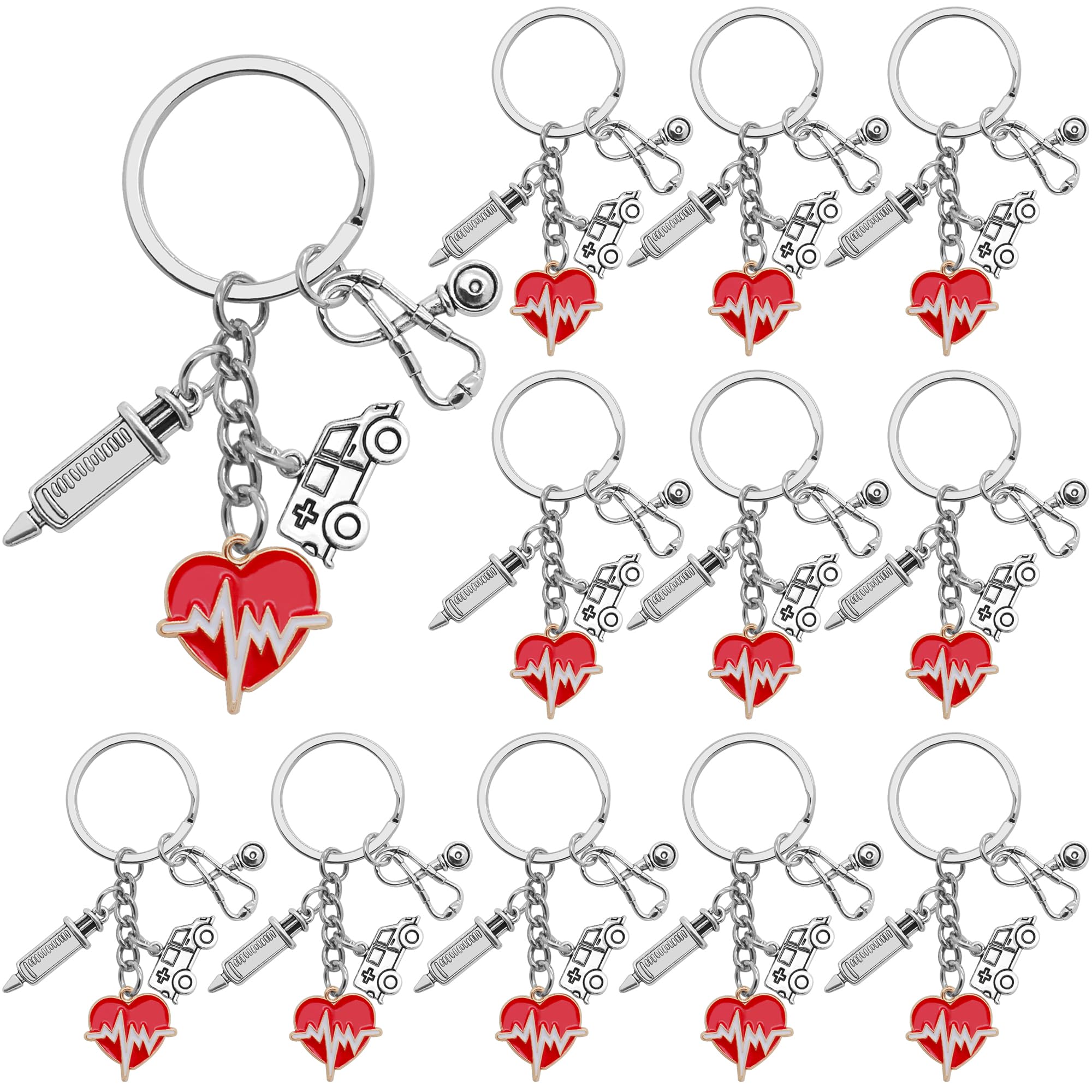 SIQYUWM 12Pcs Nurse Keychains Medical Themed Keyrings Syringe Stethoscope Ambulance Red Heartbeat Charm Key Holder for Women Men Gift or Graduation