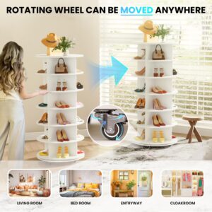 Gujiam 6-Tier Rotating Shoe Rack Tower 360 with Wheels, 57.5in Spinning Shoe Rack, Revolving Shoe Rack, Shoe Carousel Closet Organizer, Free Standing Shoe Rack for Entryway Living Room Hallway White