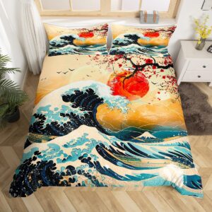 feelyou japanese wave bedding set king size kids cherry blossoms comforter cover set for boys girls teens japanese ukiyoe theme home decor duvet cover red sun japanese style bedspread cover