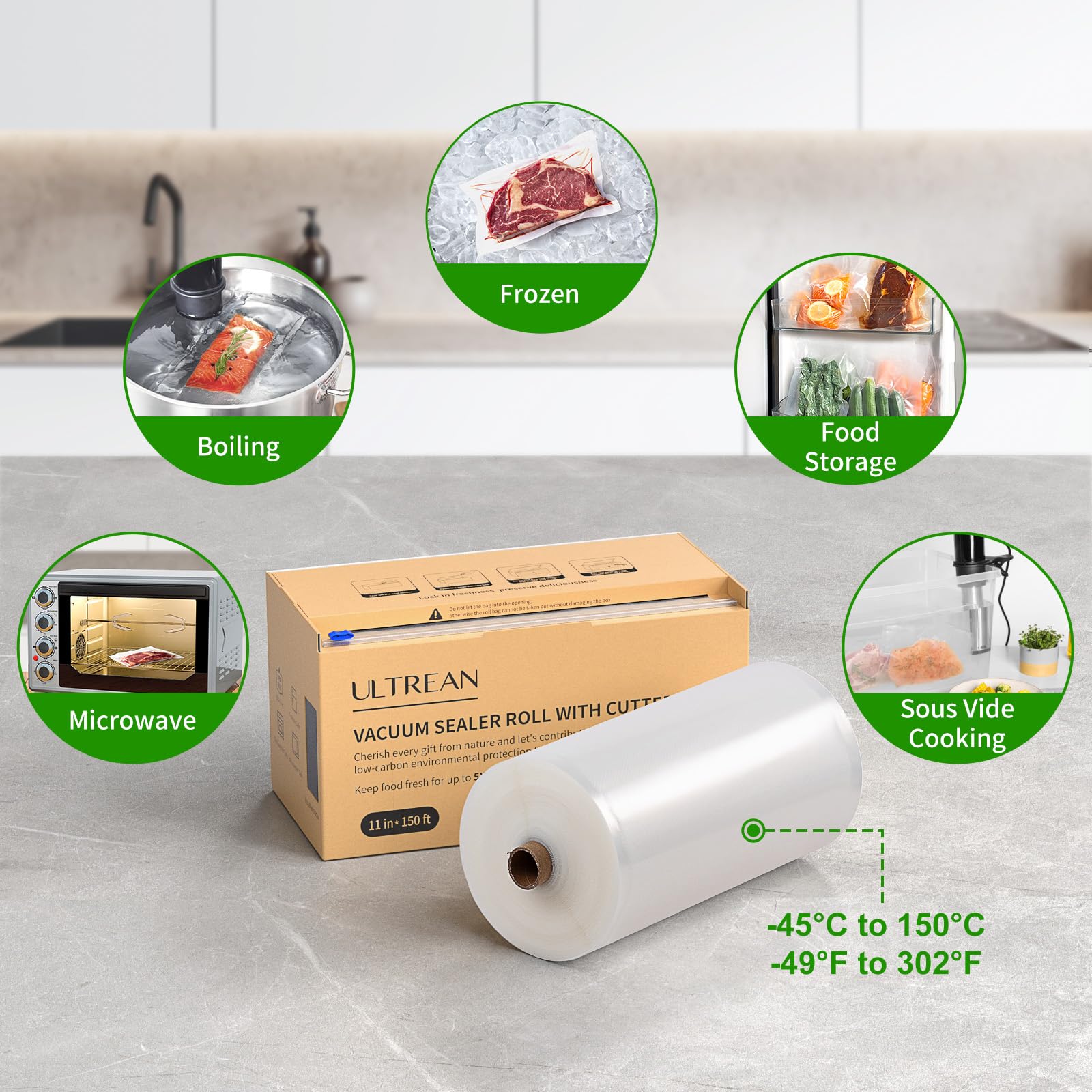 Ultrean 11" x 150' Vacuum Seal Roll Keeper with Cutter, Commercial Grade Vacuum Sealer Bags for Food Saver,BPA Free,Ideal for Storage,Meal Prep and Sous Vide (11" x 150')