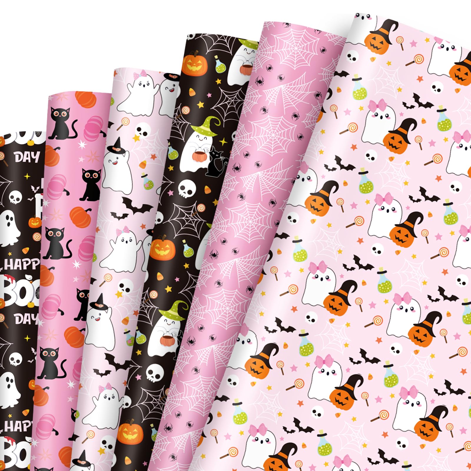 Whaline 12 Sheets Pink Halloween Wrapping Paper - Not Roll - Pink Black Ghost Gift Wrap Paper Pumpkin Cat Folded Flat Cute DIY Art Craft Paper for Halloween Party Decor Supplies, 19.7 x 27.6 Inch