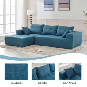 110" Cloud Modular Sectional Sofa, Linen L-Shape Freedom Combination Sofa with Reversible Chaise, Comfy Deep Seat Floor Living Room Sofa Couch with 3 Pillows for Apartment Office (Blue)