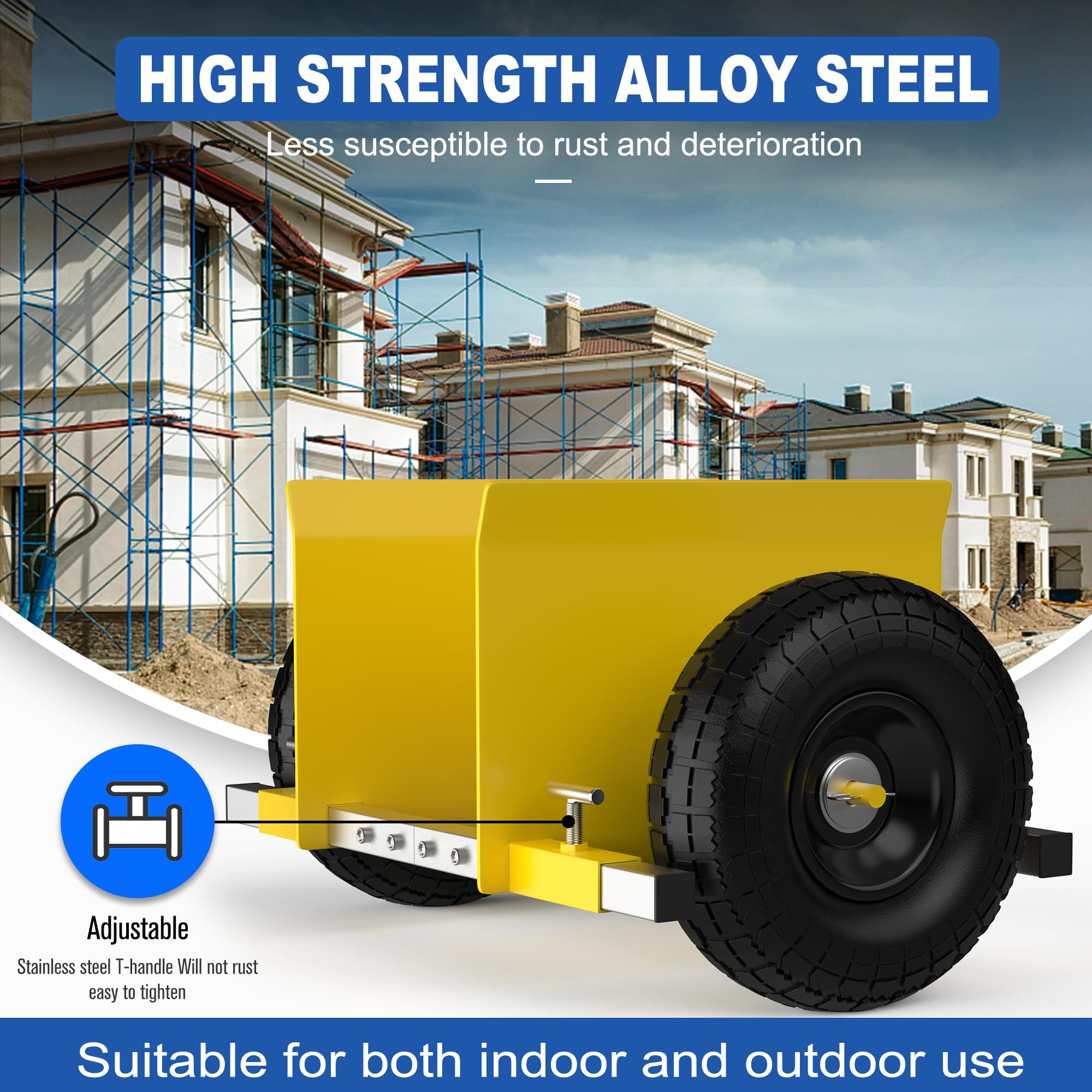 Moving Adjustable Dolly, 2 × 10" Heavy Duty Solid Rubber Tires Wheels 1000LBS Load Capacity for Panel/Slab/Plywood/Door/Granite/Drywall Material Handling and More - Yellow