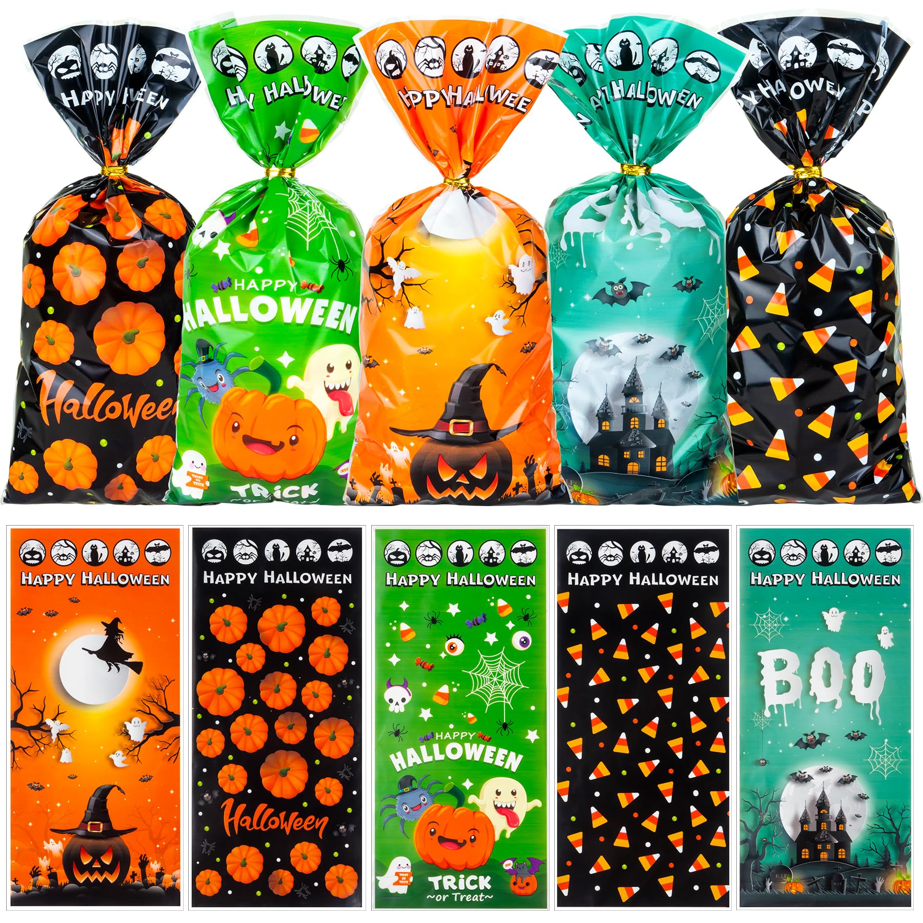 RICEDUO Halloween Cellophane Bags,100PCS Halloween Candy Cookie Treat Bags with 100 Piece Twist Ties for Halloween Party Favor Supplies, 5 Assorted Styles