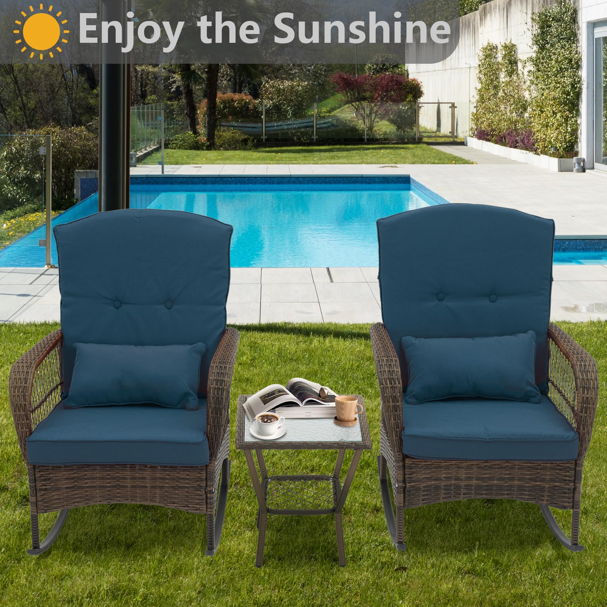 Generic Outdoor Wicker Rocking Chairs, 3 Pieces Patio Furniture Rattan Rocker Chairs Wicker Rocking Set with Cushions and Side Table for Garden Patio Yard Porch Lawn Balcony (Blue)