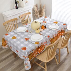 cusugbaso Fall Tablecloth 60x84 Inch Rectangle - Grey Plaid Pumpkins Fall Decorations for Home - Water Resistant Harvest Thanksgiving Table Cloth Rectangle for Party, Dinning, Home