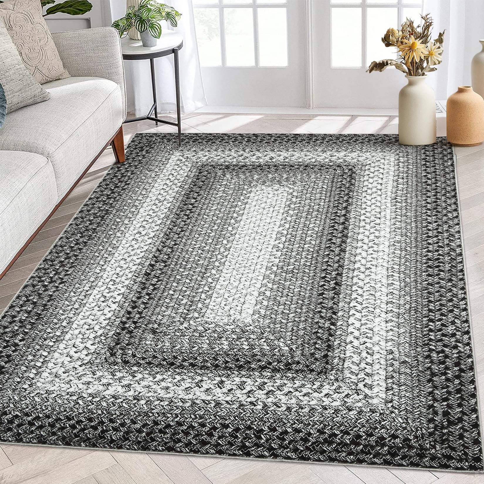 GarveeHome Small Bedroom Rug 3x5 Braided Printed Area Rug Indoor Non Slip Bohemian Rug Throw Floor Cover Farmhouse Machine Washable Carpet Boho Accent Rug for Living Room Home Decor, Grey