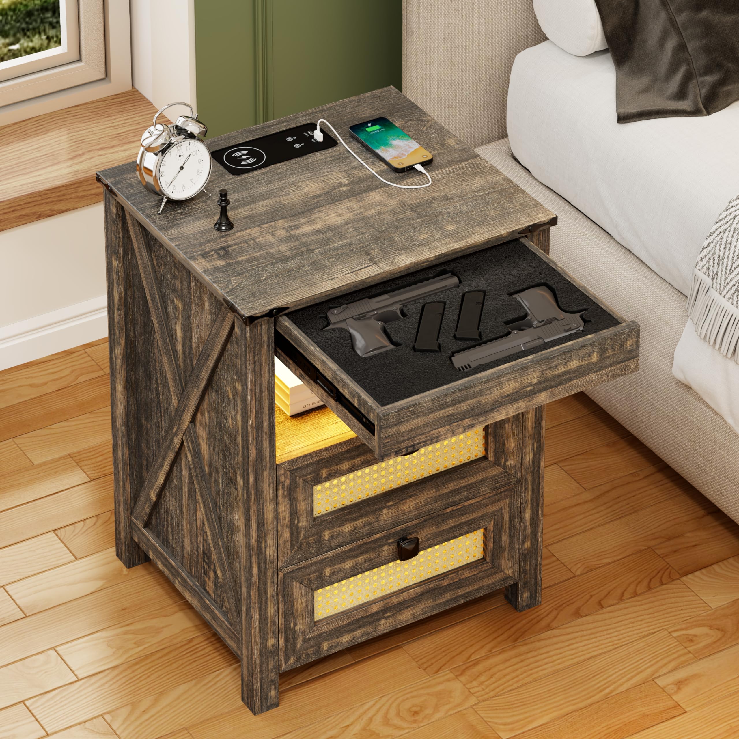 FREDEES Rustic Nightstand with Gun Drawer, End Table with Charging Station, LED Bedside Table with Human Sensor Light, Rattan Night Stand for Bedroom, Brown