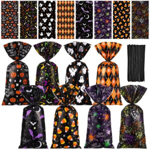 hotop 160 pcs halloween cellophane bags halloween treat bags plastic halloween party favors bags trick or treat cookie goodie bags with ties for halloween party favors gifts, 8 design