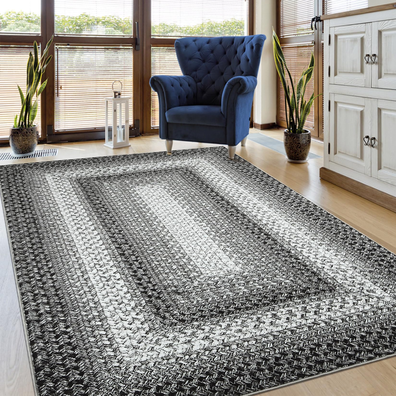 GarveeHome Small Bedroom Rug 3x5 Braided Printed Area Rug Indoor Non Slip Bohemian Rug Throw Floor Cover Farmhouse Machine Washable Carpet Boho Accent Rug for Living Room Home Decor, Grey