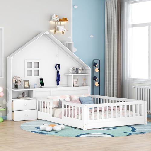 EOVTK Full Size Montessori House Floor Bed with Bedside Drawers and Shelves, Wooden Platform Bed with a Set of Sockets and USB Port for Kids, Boys, Girls, White