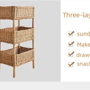 WKSPOO Rattan Shelving Unit 3 Tiers Standing Wooden Caddy, Hand Woven Floor Rattan Portable Laundry Bin Basket Applicable for Living Room, Bedroom, Kitchen(Color:Natural), 30*20*60cm