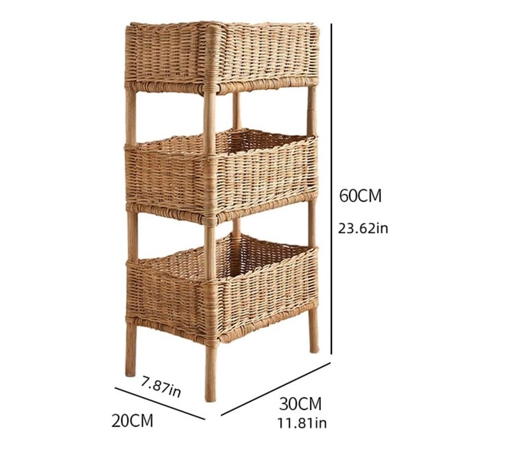 WKSPOO Rattan Shelving Unit 3 Tiers Standing Wooden Caddy, Hand Woven Floor Rattan Portable Laundry Bin Basket Applicable for Living Room, Bedroom, Kitchen(Color:Natural), 30*20*60cm