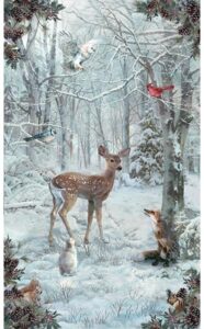 26" x 44" panel winter tales deer wildlife animals snow woods scenic cotton fabric panel (w5388-307-snow)