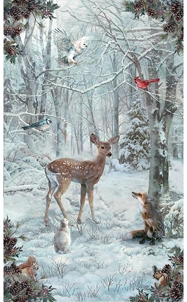 26" X 44" Panel Winter Tales Deer Wildlife Animals Snow Woods Scenic Cotton Fabric Panel (W5388-307-SNOW)