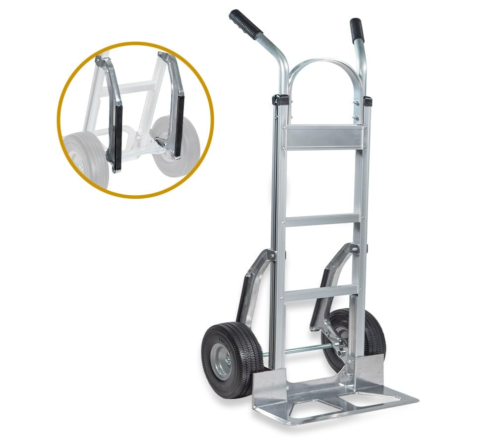 Mytee Products 600 lbs Dual Handle Aluminum Hand Truck Heavy Duty Dolly with 10" Solid Caster Wheels - Large Hand Truck with Skid Bars - 52.3" x 17.5" with 19.3" x 7.5" Nose Plate