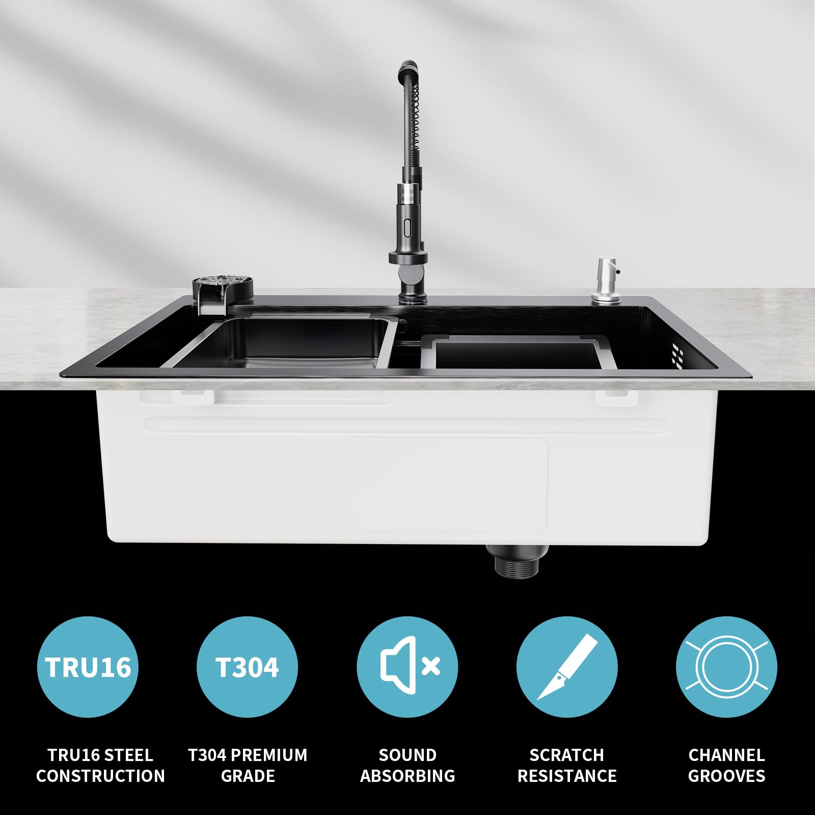 29.5 x 18 inch Kitchen Sink, Single Bowl Stainless Steel Sink Multifunctional Drop In Sink with Pull-Down Faucet and Multiple Accessories (Black Grey, 29.5 * 18)