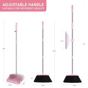 Broom and Dustpan Set, Outdoor Broom Dustpan Combo Set Home Commercial Cleaning Supplies Angle Broom with Long Handle Perfect for Courtyard Garage Street Pink