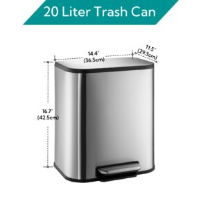 GarveeHome 5.3 Gallon Stainless Steel Trash Can, 20 Liter Rectangular Garbage Can, Step On Trash Can with Quiet Close Lid Foot Pedal & Inner Bucket for Kitchen Home Office Bedroom Living Room