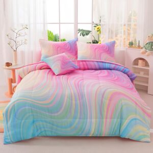 girls full bedding sets, 6 pcs pink full szie comforter set with sheets, tie dye superior blue pink rainbow bedding set for girls kids