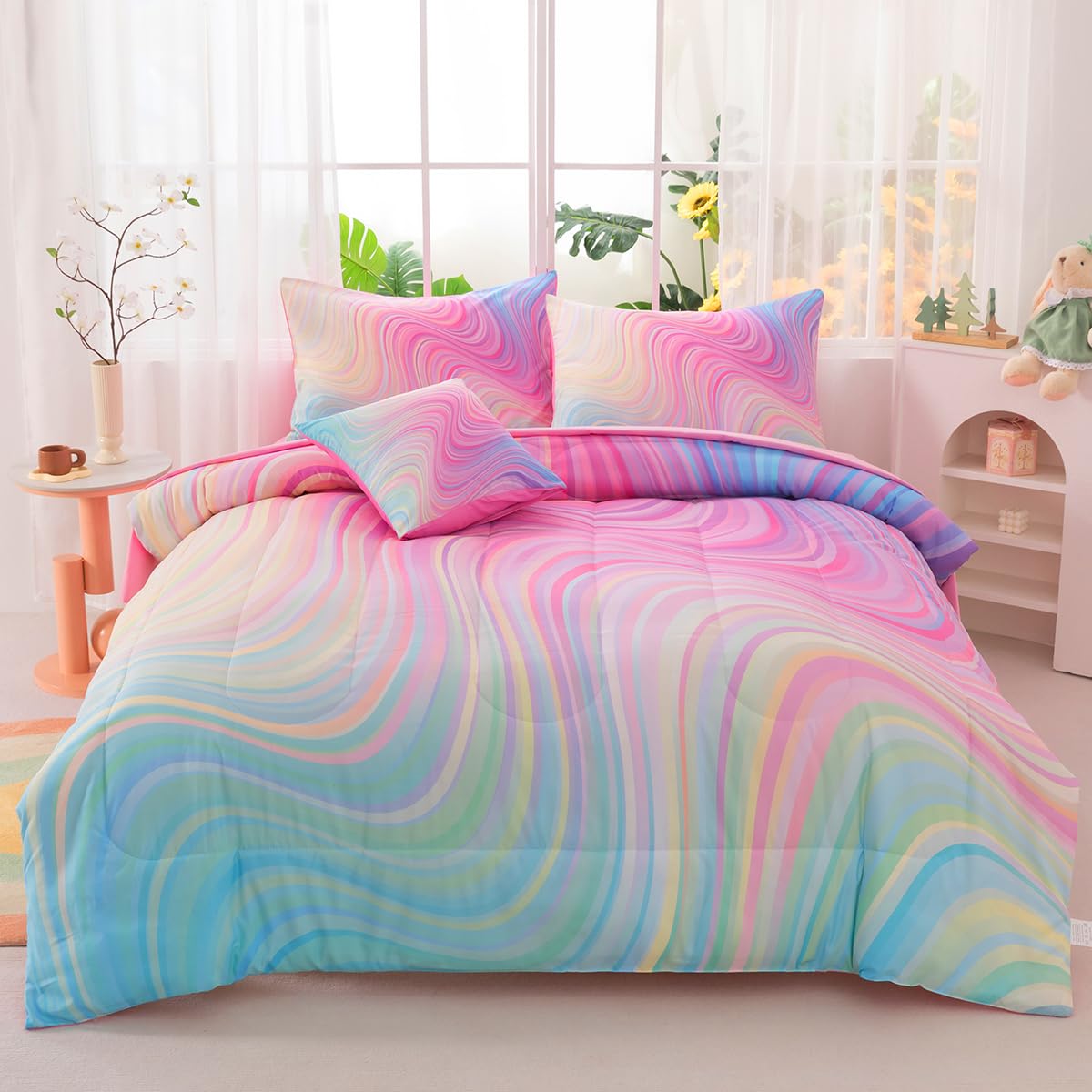 Girls Full Bedding Sets, 6 Pcs Pink Full Szie Comforter Set with Sheets, Tie Dye Superior Blue Pink Rainbow Bedding Set for Girls Kids