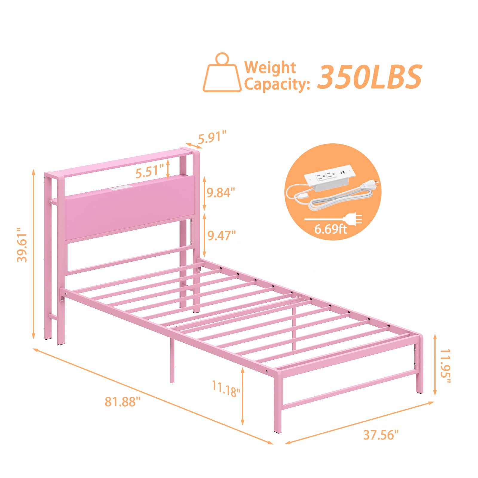 Weehom Twin Bed Frames with 2 Tiers Wood Storage Shelves Headboard, Twin Size Bed with Charger Stations and LED Light Under Bed Storage Space Platform Bed for Kids, Girls and Adults, Pink