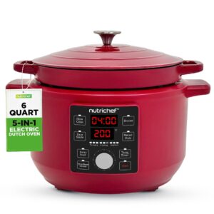 6 quart electric dutch oven | 1500w 5-in-1 enamel coated cast iron pot with stainless steel lid | precise temperature control | includes 2 silicone pot holders & heat resistant pad | red