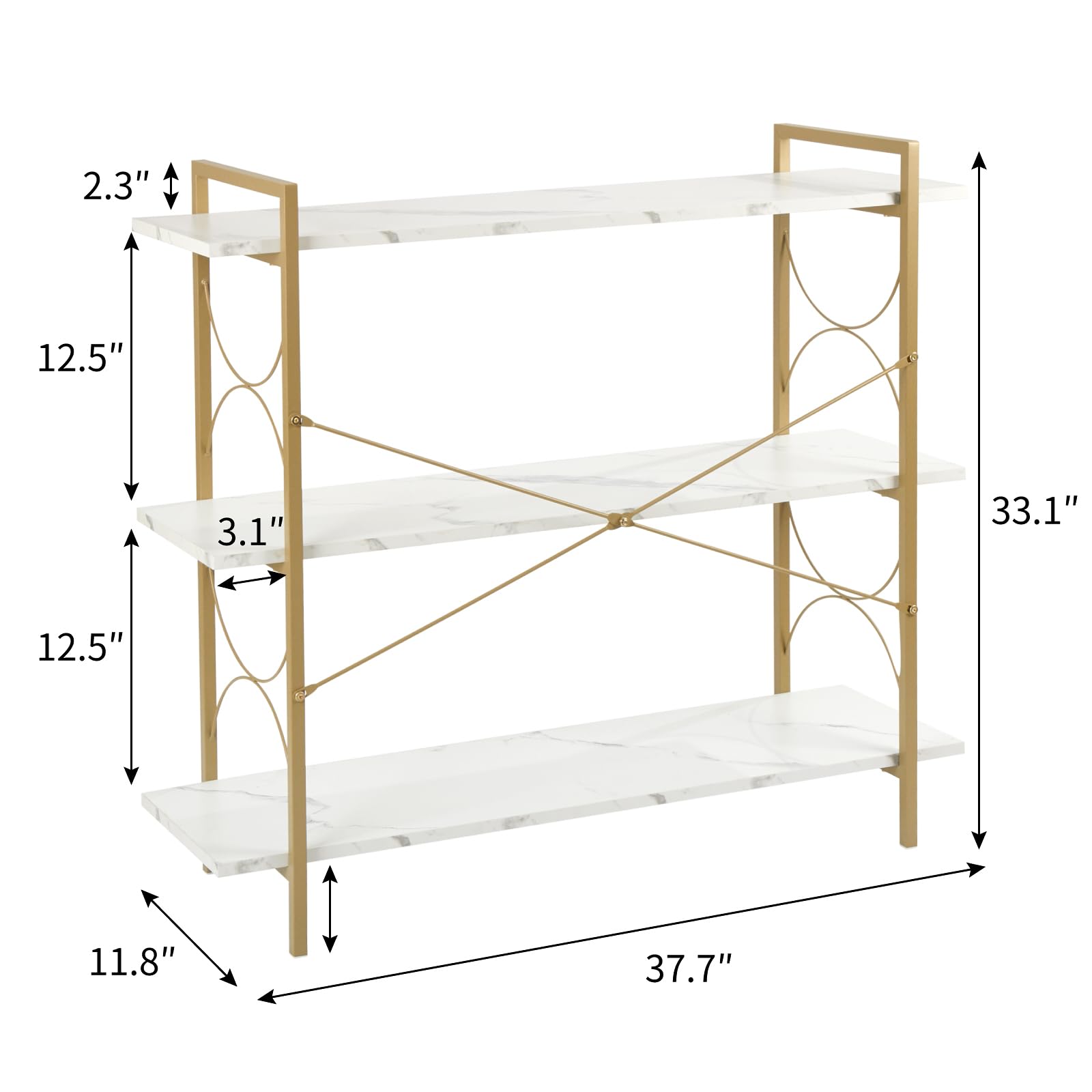 fusehome 3 Tier Bookshelf, Modern Open Low 3 Shelf Bookcase,Small Book Shelves for Bedroom, Wood and Metal Display Shelves Storage Bookshelves,for Home Office,Living Room, Kitchen,White&Gold