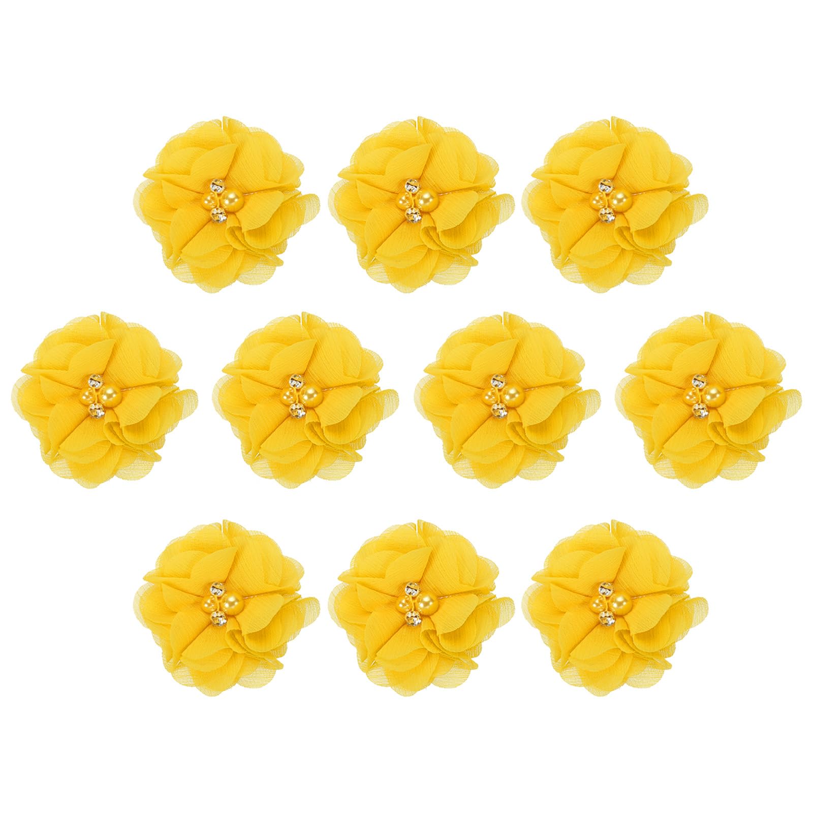 PATIKIL 2" Chiffon Flowers, 10Pcs Fabric Flowers Sewing Appliques Embellishments with Rhinestone Pearl for DIY Crafts Wedding Headbands Party Decoration, Yellow