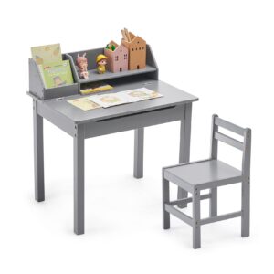 unicoo bamboo toddler desk and chair set, lift-top desk & chair set for 3-8 years old toddlers, children writing desk with storage and hutch for home school use (c007 - grey)