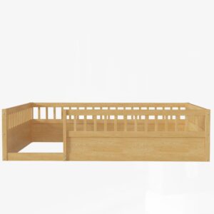 Floor Bed for Kids, Full Size Montessori Bed with High Fence Railings, Wood Playhouse Bed with Rails for Baby Boys Girls Teens, No Slats Included, Natural