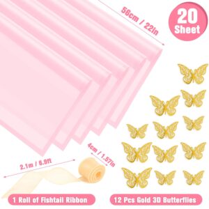 ROADPLUM 20 Sheet Pink Flower Wrapping Paper, Bouquet Wrapping Paper with 12 Butterflies and 1 Ribbon for Diy Bouquet, Flower Paper Wrap Kit for Valentine's Day, Mother's Day, Graduation