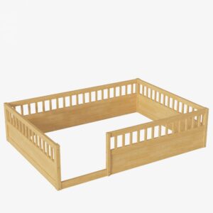 Floor Bed for Kids, Full Size Montessori Bed with High Fence Railings, Wood Playhouse Bed with Rails for Baby Boys Girls Teens, No Slats Included, Natural