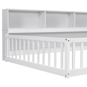 ROCKINGRUN Montessori Floor Bed with Bedside Bookcase and Safety Guardrails, Full Size Solid Pine Wood Floor Bed Frame with Fence, for Kids, Girls, Boys, Child Bedroom, Kids Playroom (White)