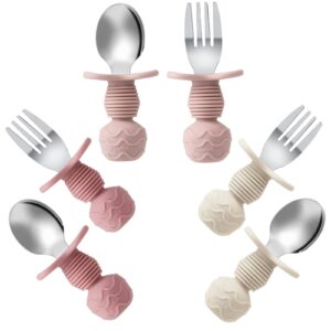 pandaear 6 pack stainless steel toddler spoons and fork feeding set - anti-choke first self feeding utensils for kids baby girls led weaning ages 18 months+ (pink/beige)