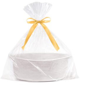 giftexpress white woven gift basket, clear cellophane bag & ribbon - 13" x 8" x 5" cotton rope empty decorative gifting basket - cute soft organizing raffle storage bin w/ handles