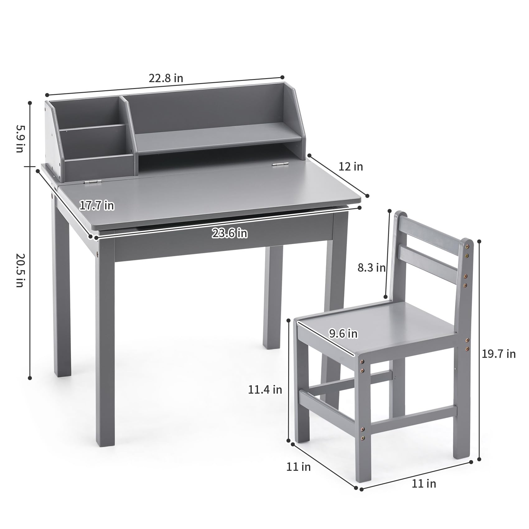 UNICOO Bamboo Toddler Desk and Chair Set, Lift-Top Desk & Chair Set for 3-8 Years Old Toddlers, Children Writing Desk with Storage and Hutch for Home School Use (C007 - Grey)