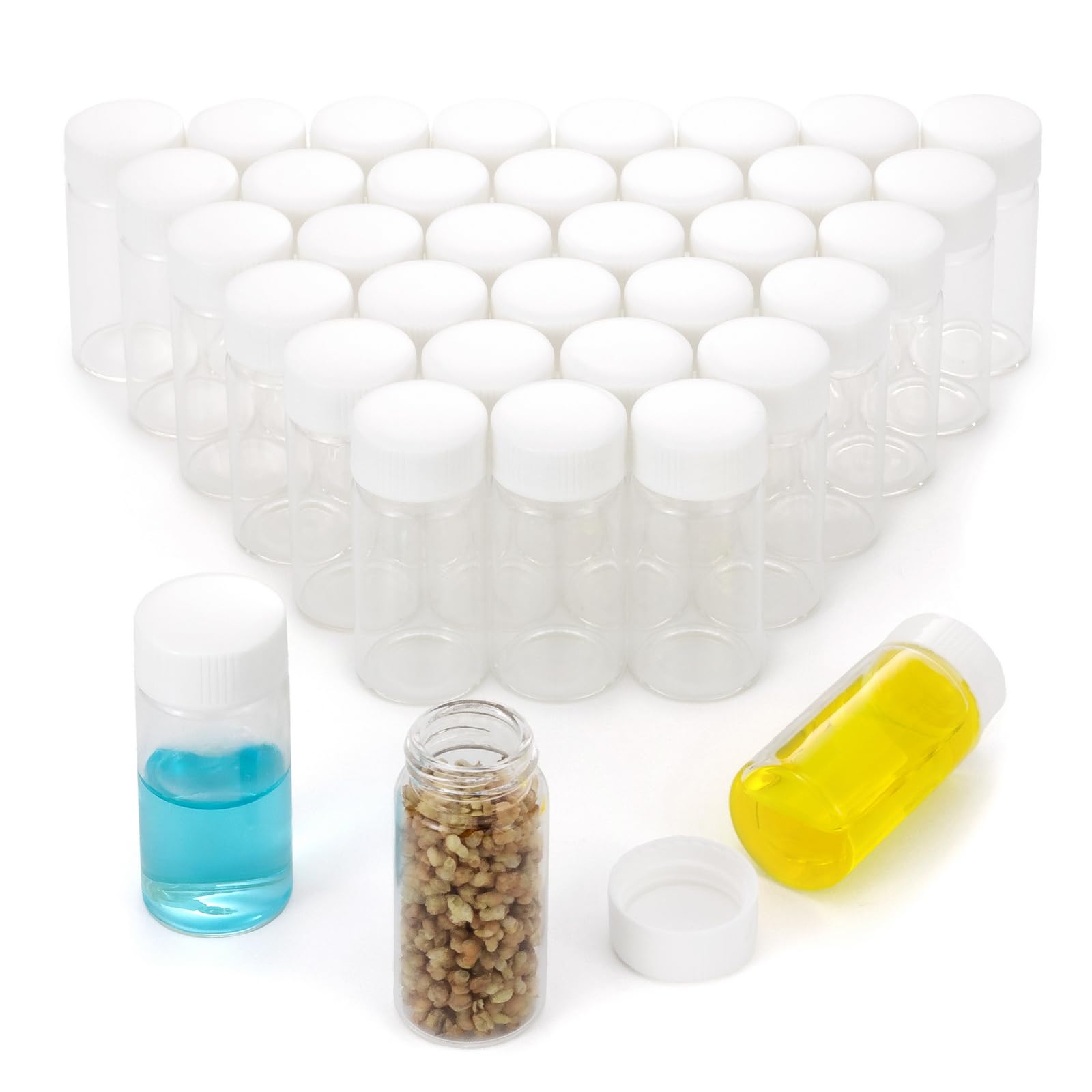 Njvial 36Pcs 20ml Small Glass Vials with White Lids Lab Sample Vials Empty Refillable Perfume Travel Mini Glass Bottles with Screw Caps for Essential Oils