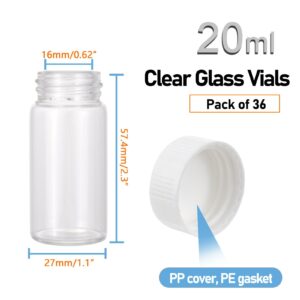 Njvial 36Pcs 20ml Small Glass Vials with White Lids Lab Sample Vials Empty Refillable Perfume Travel Mini Glass Bottles with Screw Caps for Essential Oils