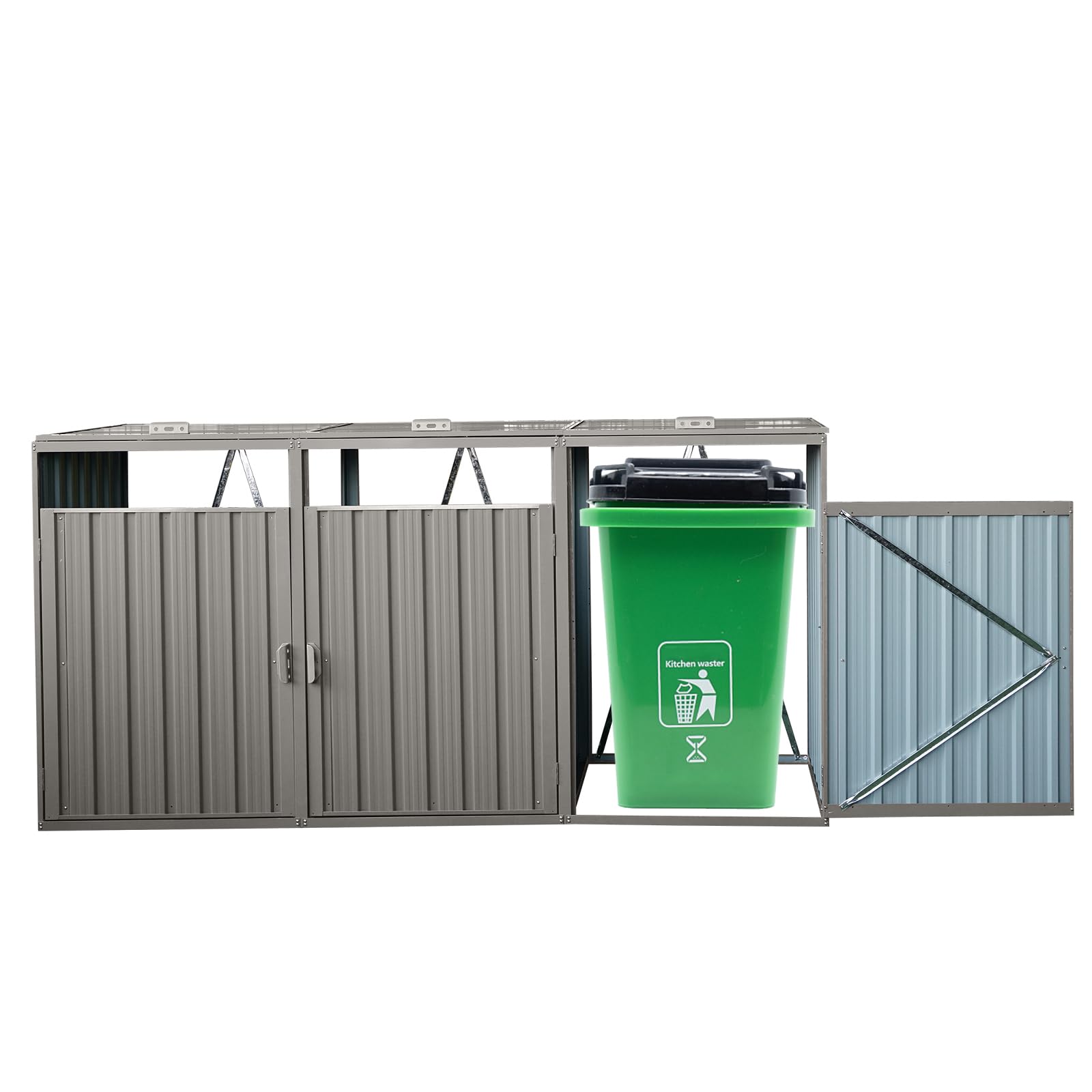 YOPTO Garbage Bin Storage Shed for 3 Trash Cans,Outdoor Trash Can Storage for Patio,Stainless Galvanized Steel Bin Shed,Rust-Proof & Scratch-Resistant Trash Can Hider,for Garden,Yard,Lawn,Grey