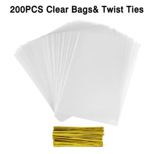 Kopokita 200PCS Clear Cellophane Treat Bags, 4x6 Inches Small Plastic Cookie Candy Bags Goodie Bags Gift Bags with 200 Twist Ties for Party Favors