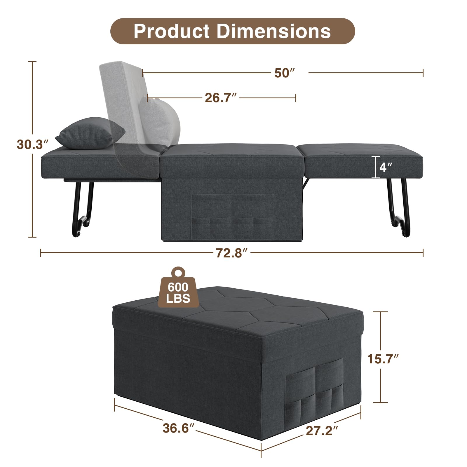 4 in 1 Sleeper Chair, Convertible Sleeper Sofa with Hide a Bed Chair, Sleeper Chairs for Adults, Ottoman Bed Sleeper with Adjustable Backrest for Living Room Apartment Office, Dark Grey