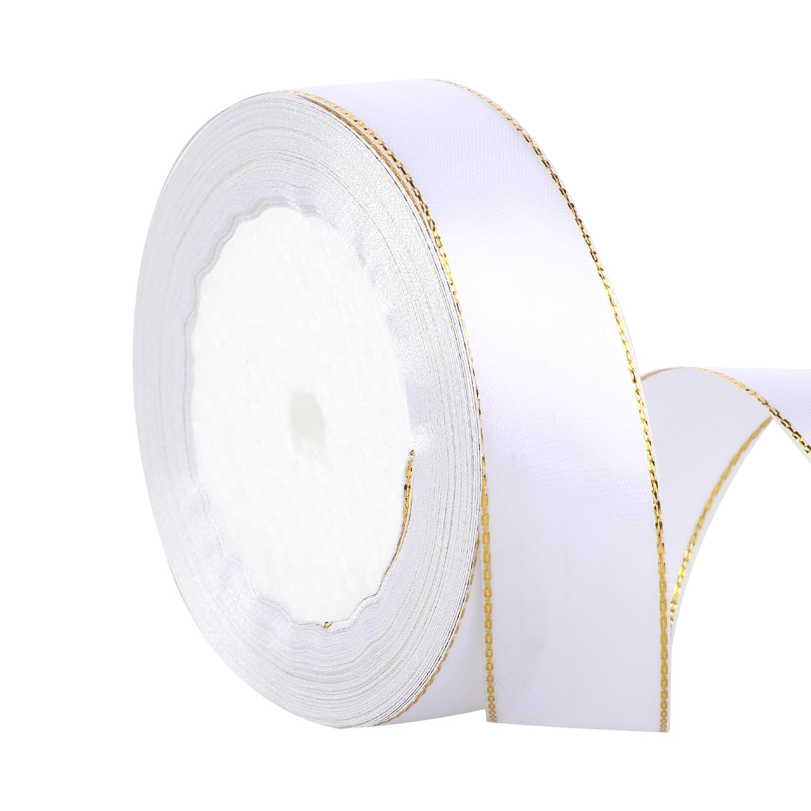 White Satin Ribbon Double Faced Fabric Ribbon with Gold Edges 1 Inch×25 Yards Gold Border Ribbon for Gift Wrapping Crafts Flower Bouquet Hair Bows Making Wedding Party Decoration