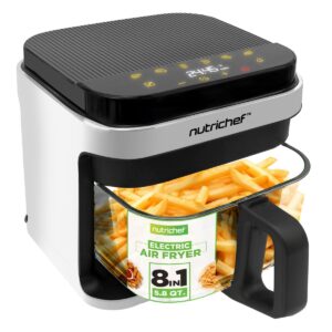 nutrichef 5.8 quart air fryer | 8-1 preset cook modes | transparent fry bowl for best cooking results | cook shrimp, steak, fries, wings, chicken & more | precise temperature control & time | white