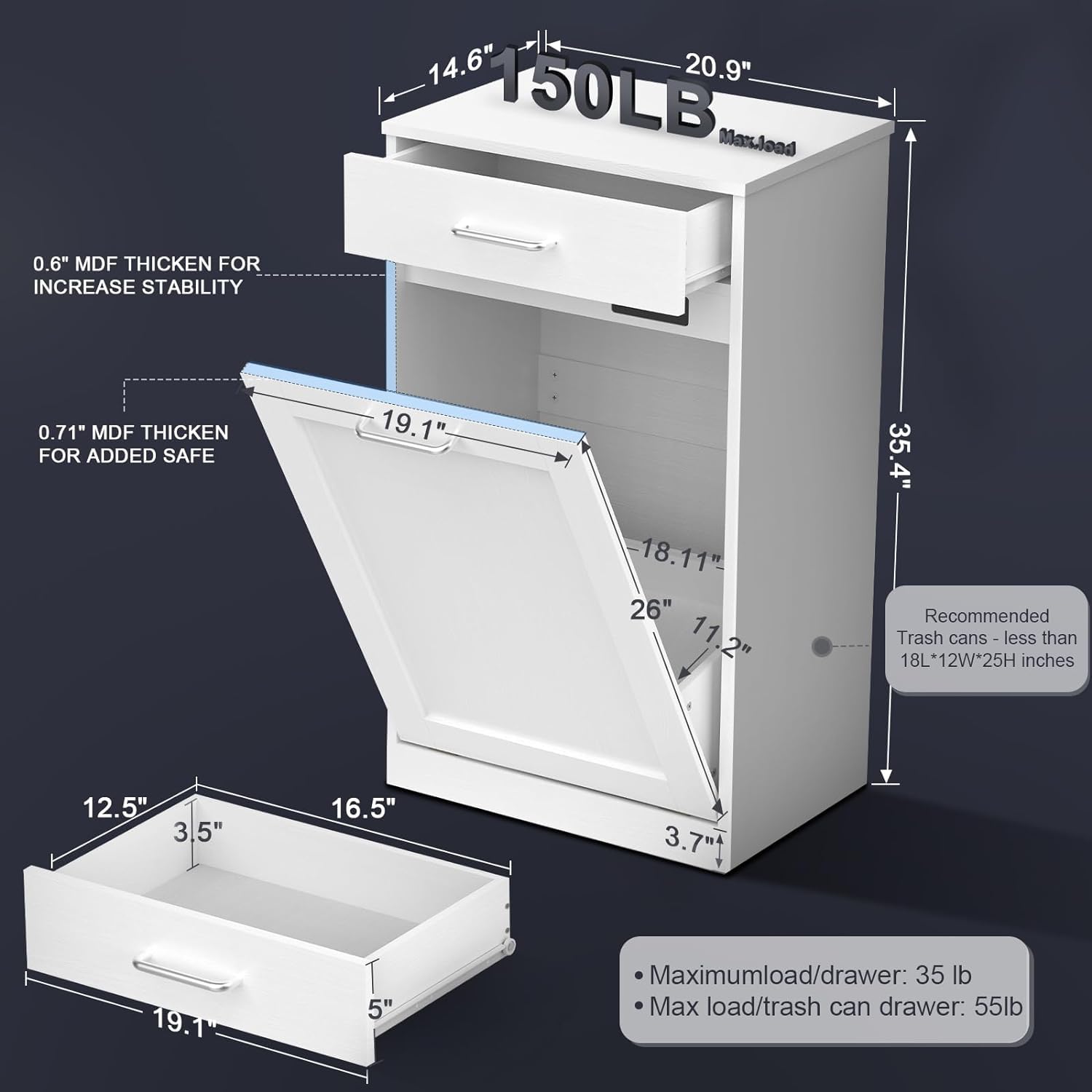 Xmifer Tilt Out Trash Can Cabinet with Drawer, Premium Negative Ion-Deodorizing Function, Hidden Garbage Can Cabinet, Wooden Kitchen White Trash can 10 Gallon, High-35.4inches