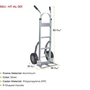 Mytee Products 600 lbs Dual Handle Aluminum Hand Truck Heavy Duty Dolly with 10" Solid Caster Wheels - Large Hand Truck with Skid Bars - 52.3" x 17.5" with 19.3" x 7.5" Nose Plate