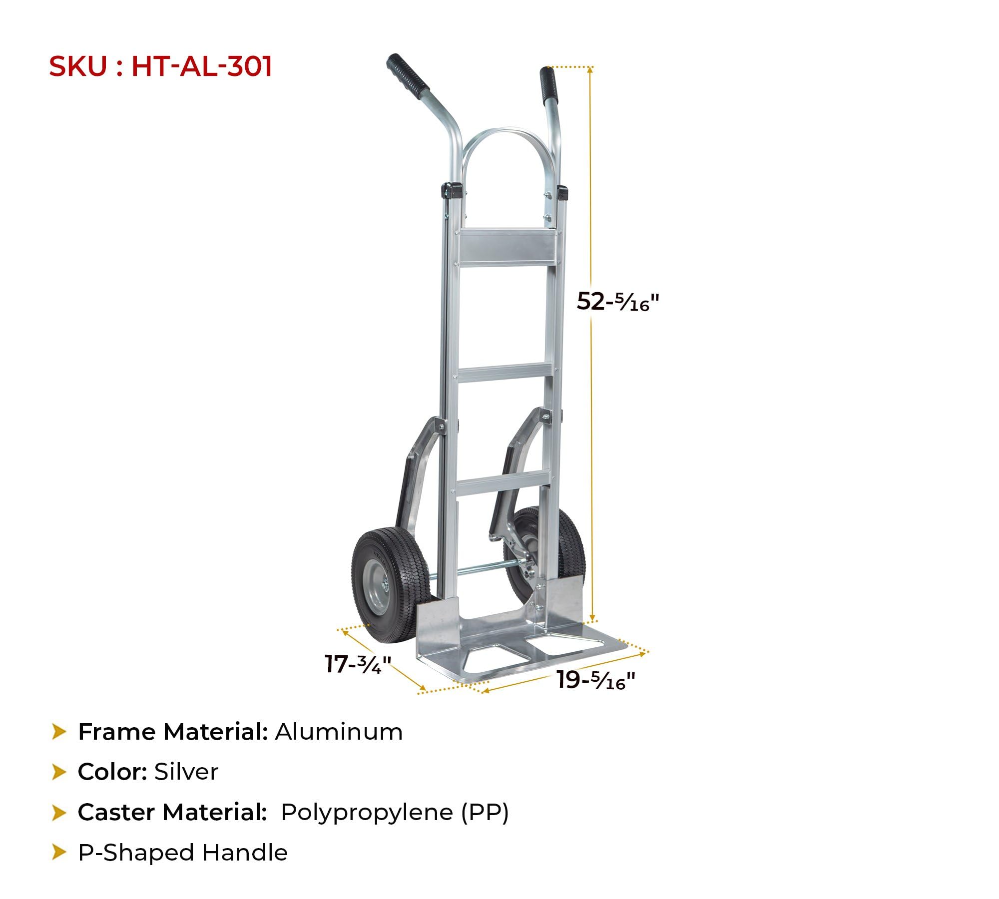 Mytee Products 600 lbs Dual Handle Aluminum Hand Truck Heavy Duty Dolly with 10" Solid Caster Wheels - Large Hand Truck with Skid Bars - 52.3" x 17.5" with 19.3" x 7.5" Nose Plate